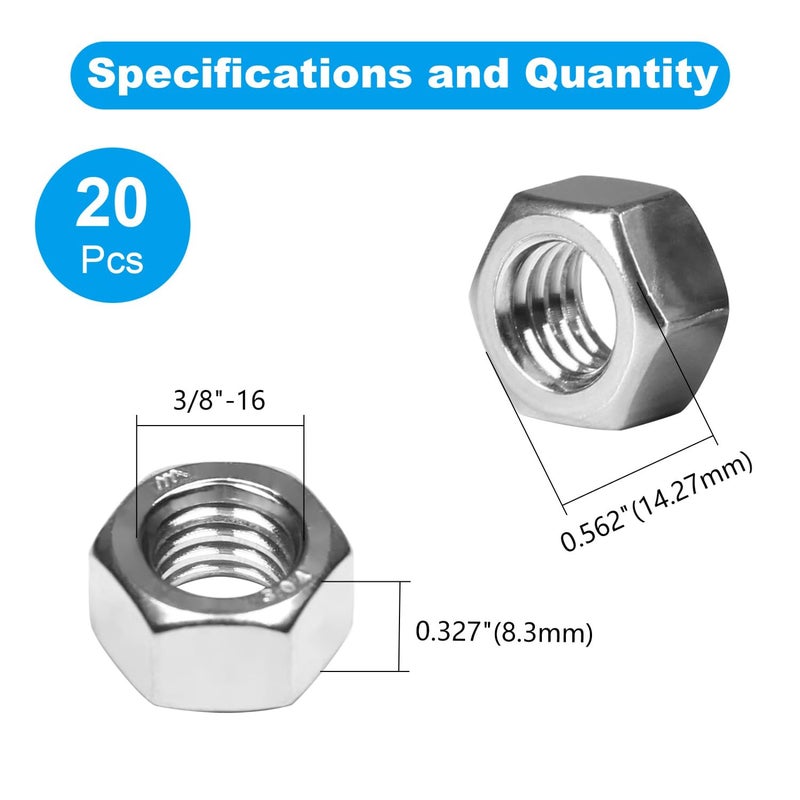 Yinpecly 20pcs 3/8-16 Hex Nuts, 304 Stainless Steel,Coarse Thread Hexagon Nut,Hex Drive, UNC Small Nuts Fasteners,3/8 Replacement Nut, Right Hand,Tiny - Image 2